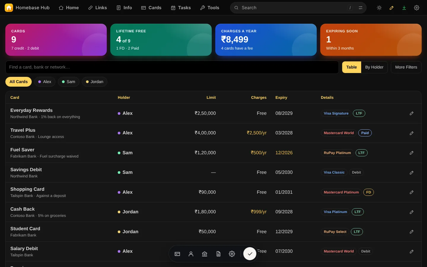 Editing Cards: Add Card, Holders, Banks, Export and Settings in the edit bar.