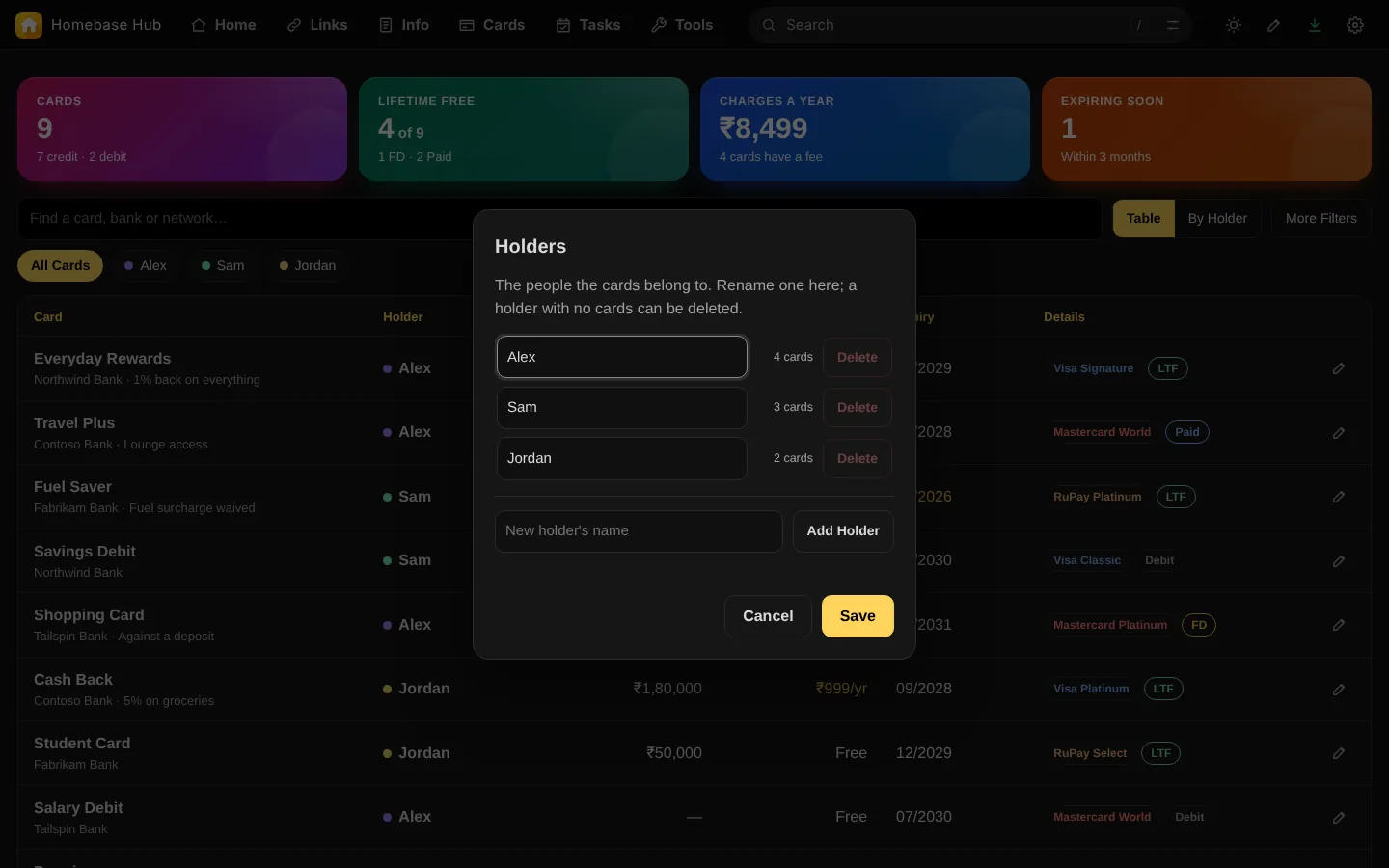 Holders: rename, add, or delete a holder with no cards.