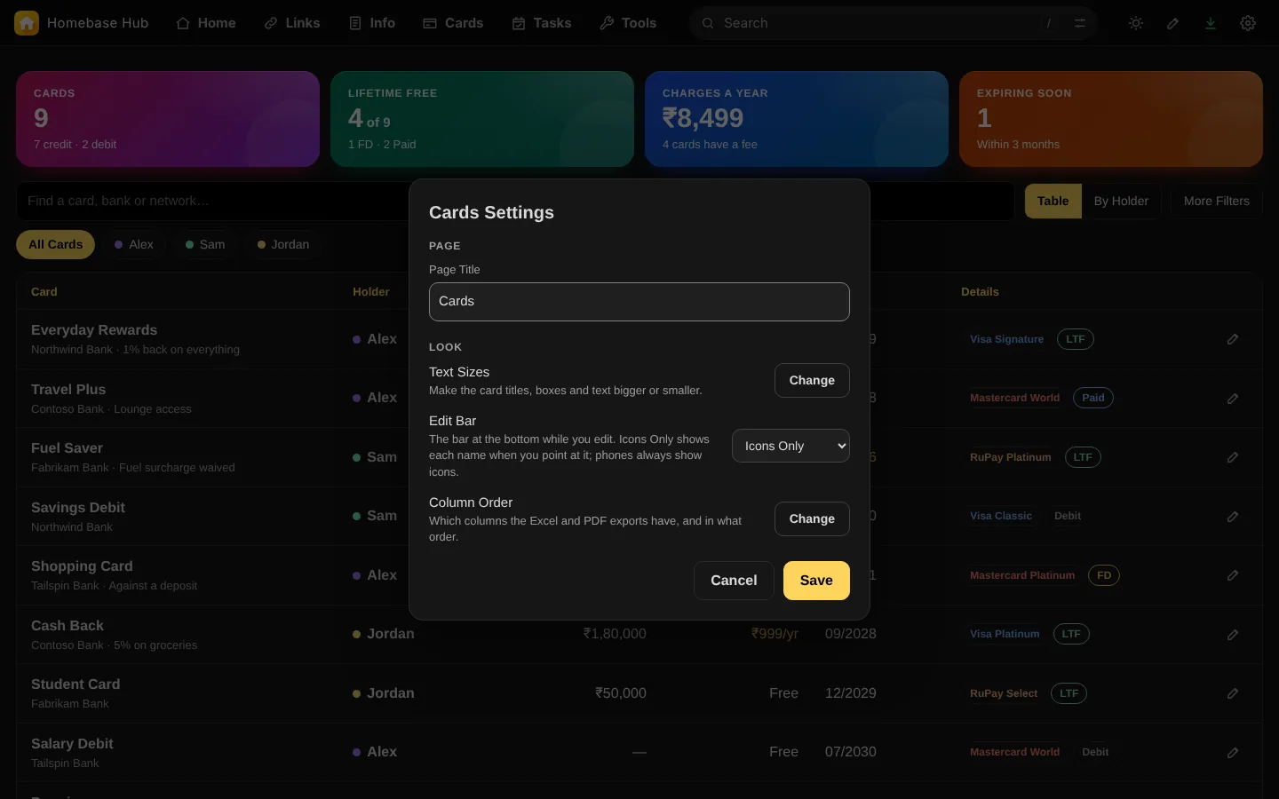 Cards Settings: the page, text sizes, the edit bar and the column order.