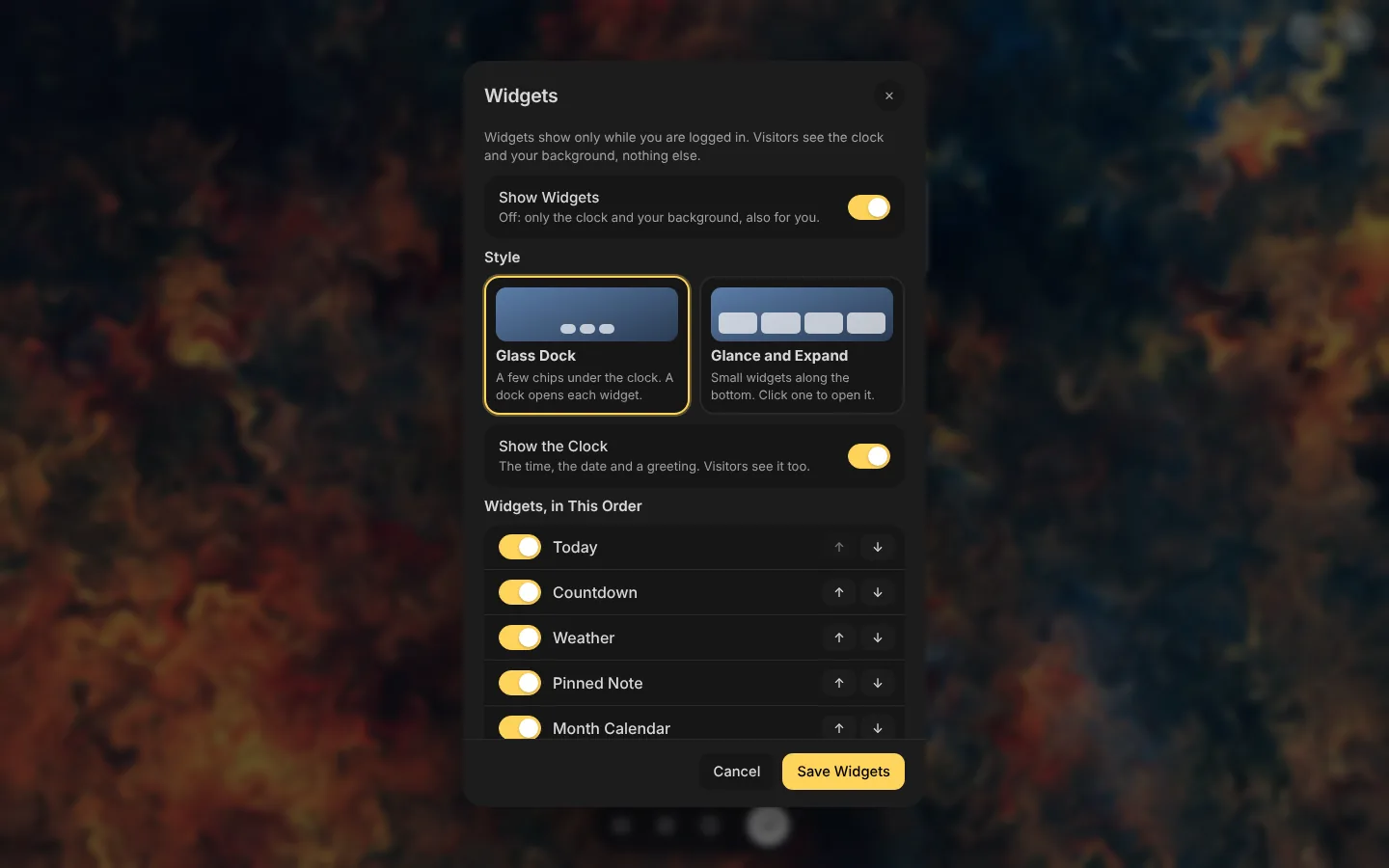 Widgets: choose and order them, Glass Dock or Glance and Expand.