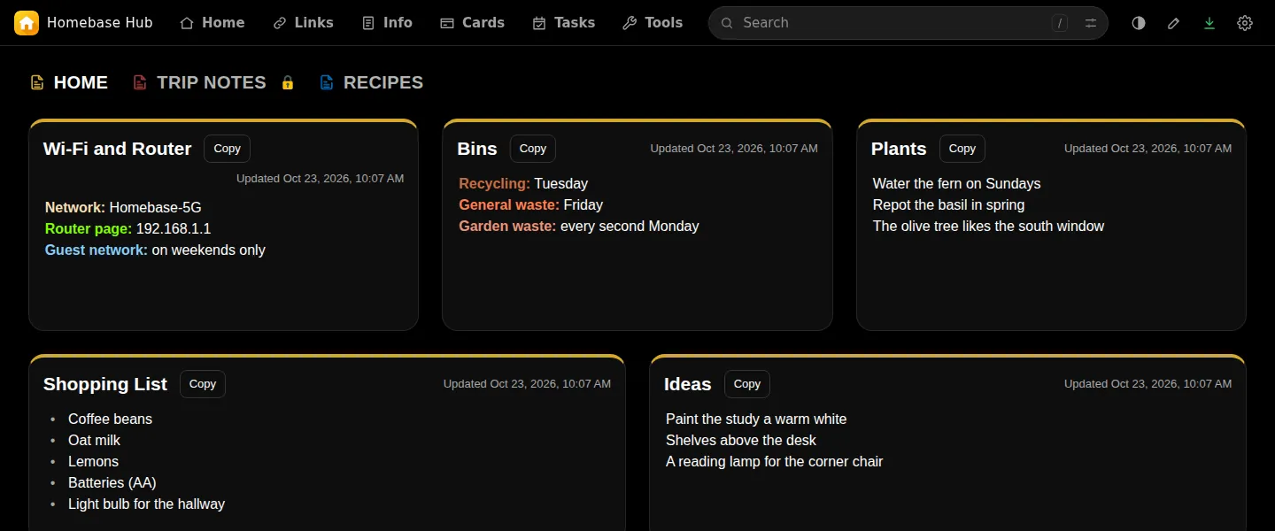Info page with notes in boxes