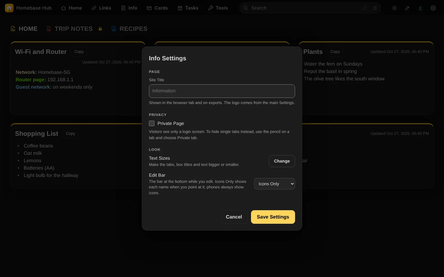 Info Settings: privacy, encryption, text sizes and the edit bar.