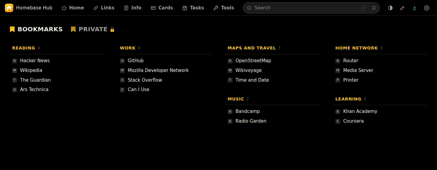 Links page with six categories of bookmarks