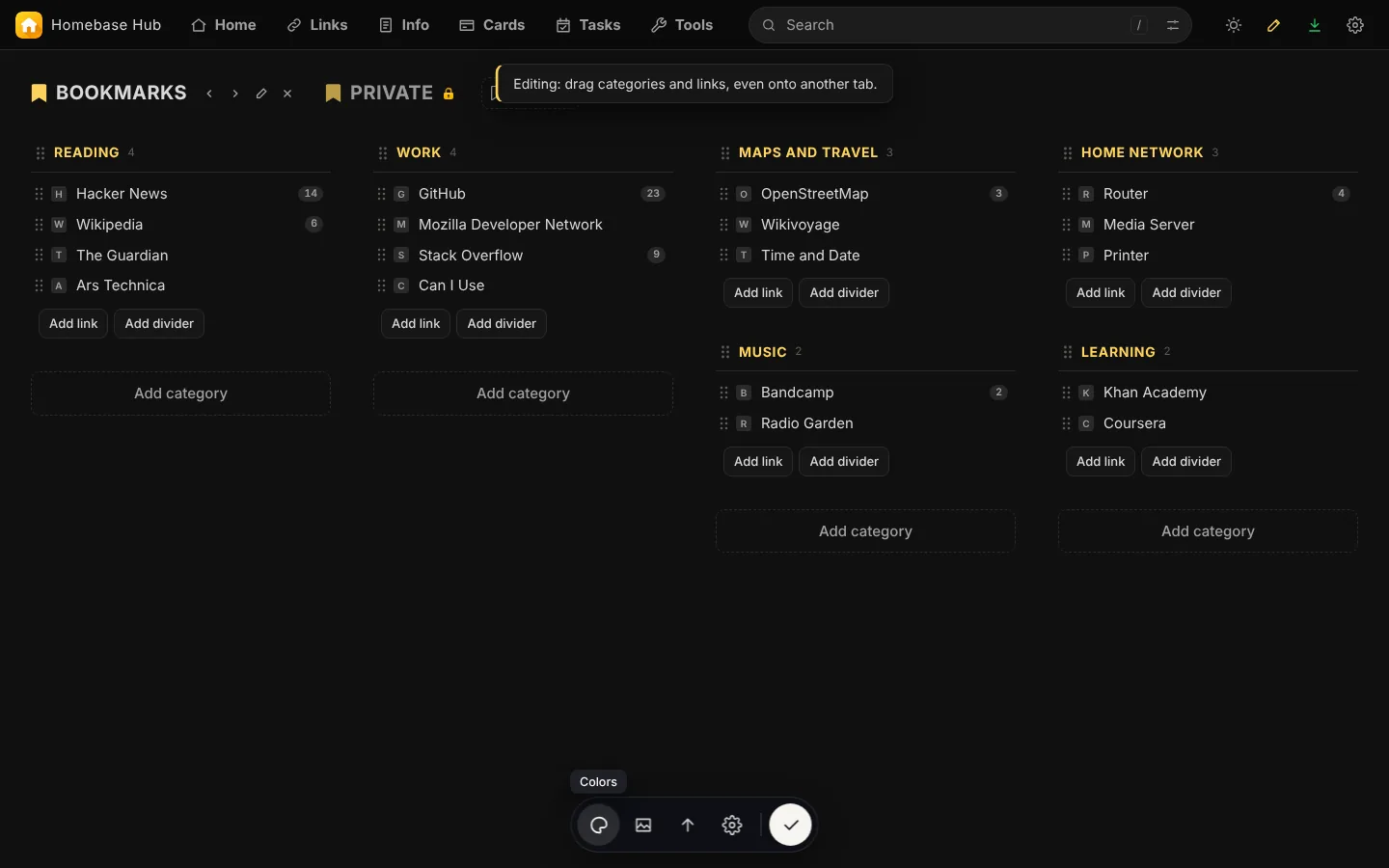 Editing: drag links and categories; the tools sit in one bar at the bottom.