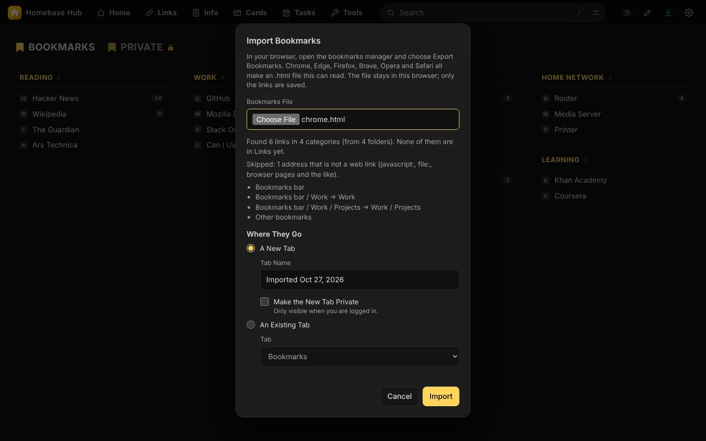 Import Bookmarks from any browser, with a preview first.