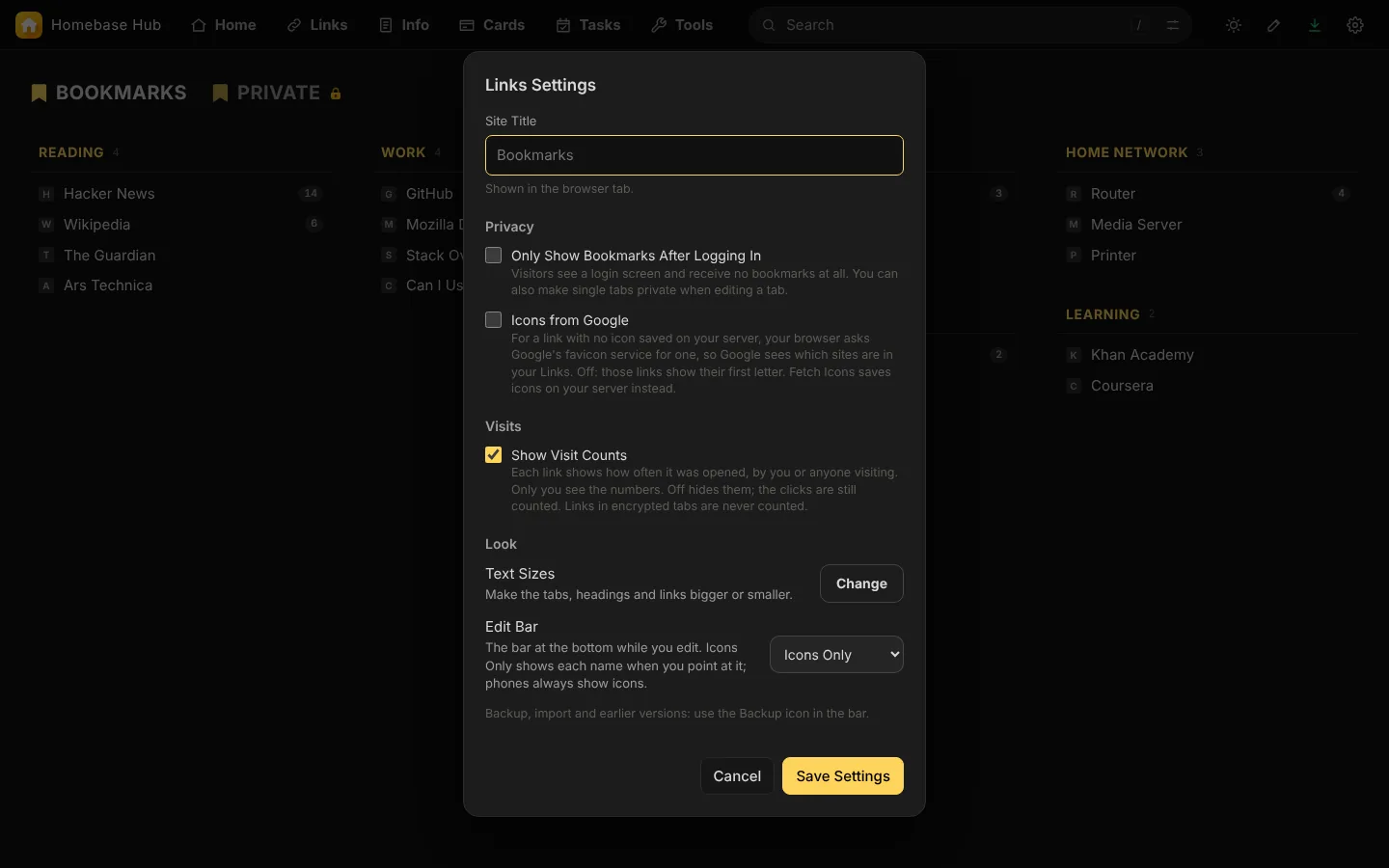 Links Settings: privacy, icons, visit counts, text sizes and the edit bar.