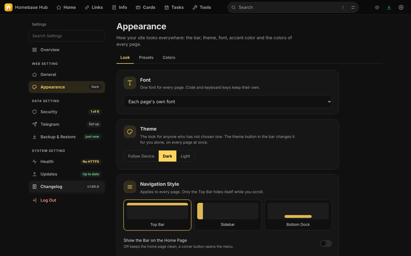 Appearance: the bar, theme, font and accent colour.
