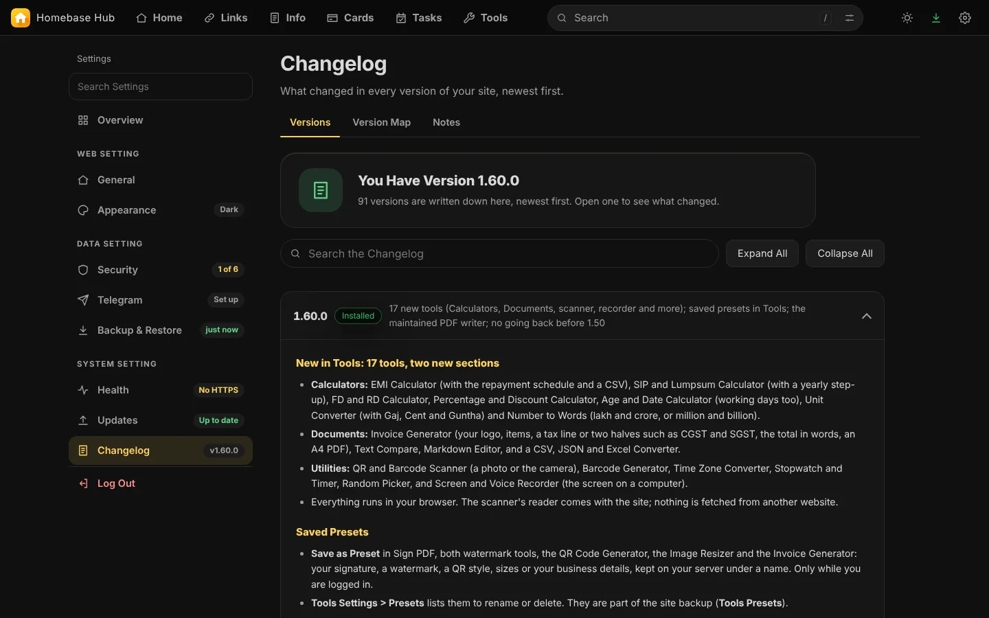 Changelog: what changed in every version.