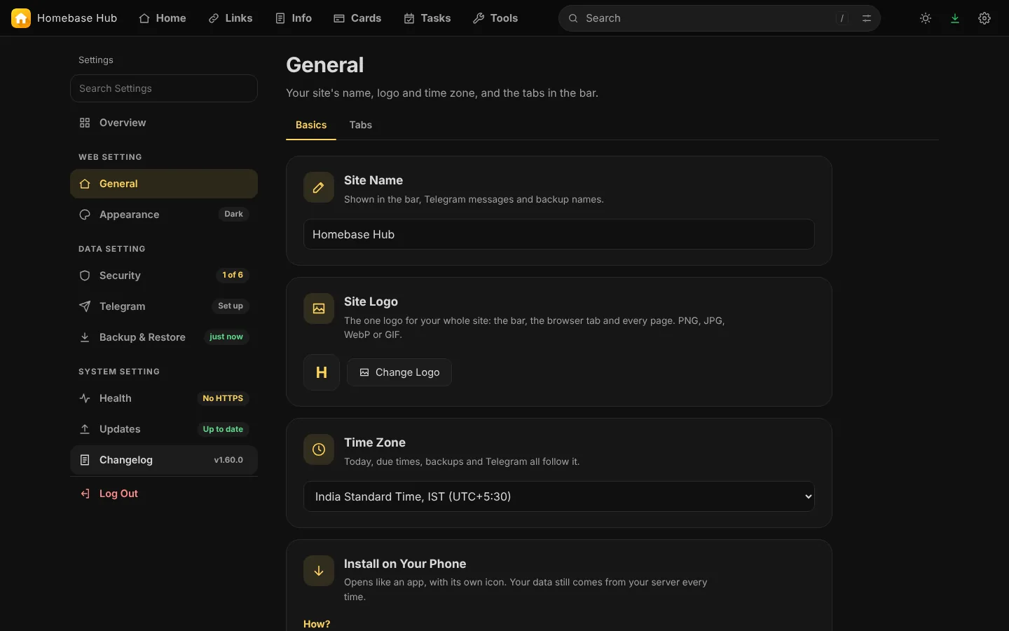 General: the site name, logo, time zone and pages.