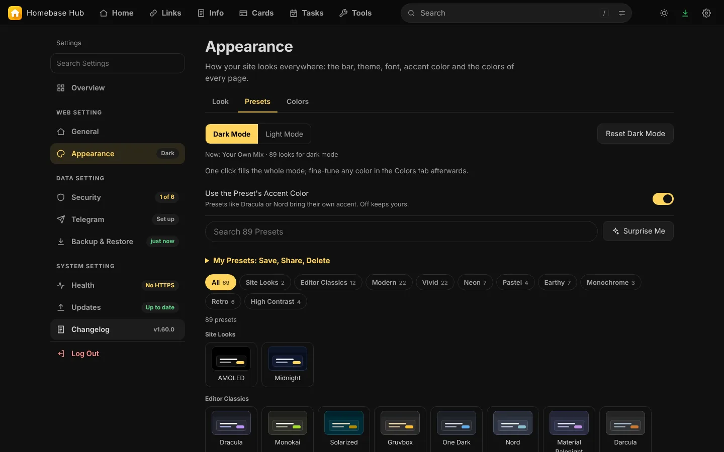 Appearance, Presets: 141 ready-made looks, with a Vivid group.