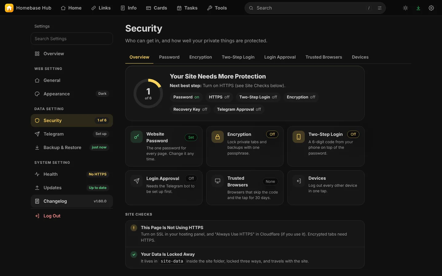 Security: password, two-step login, devices and login history.