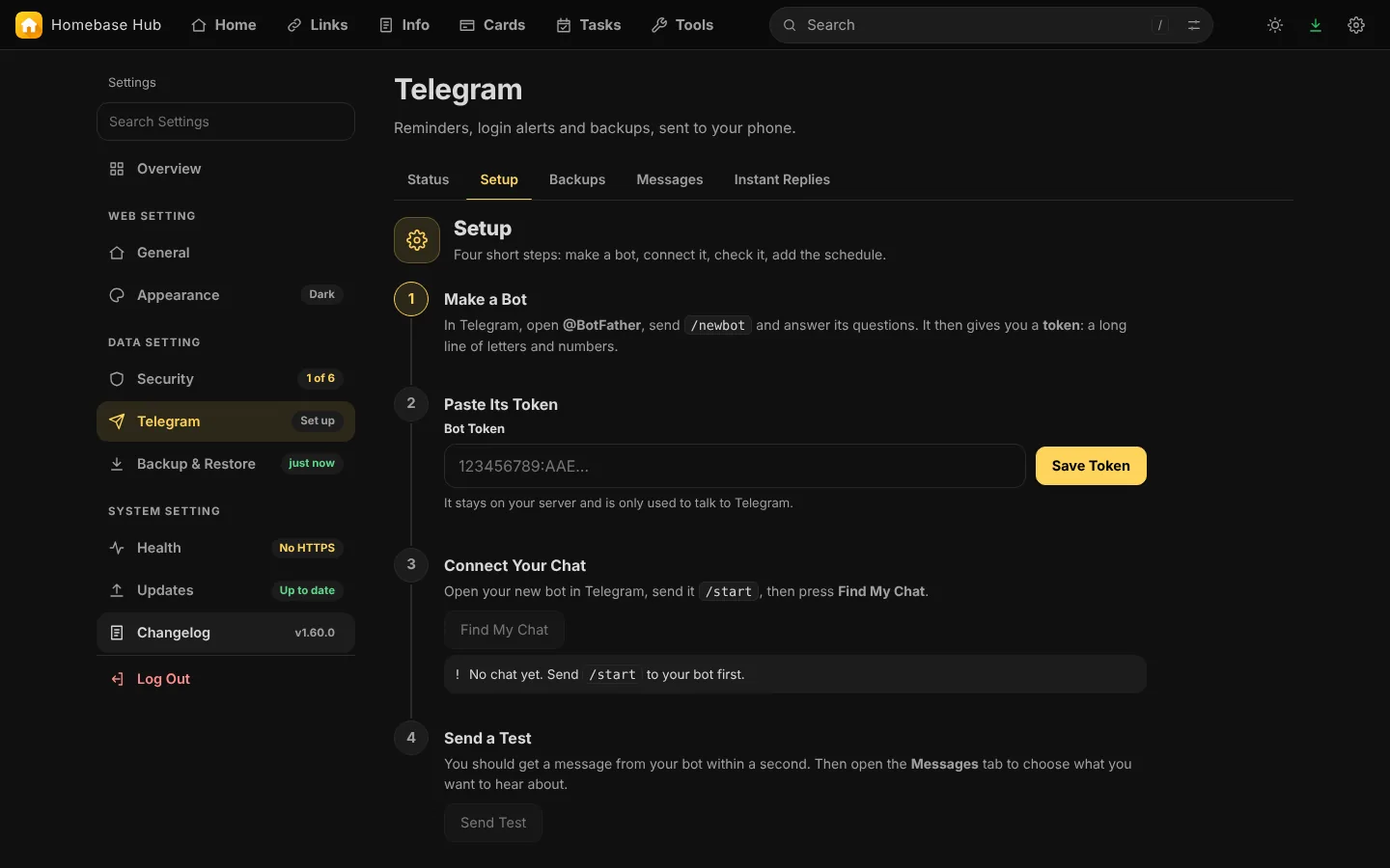Telegram: your bot, the digest, reminders and backups.