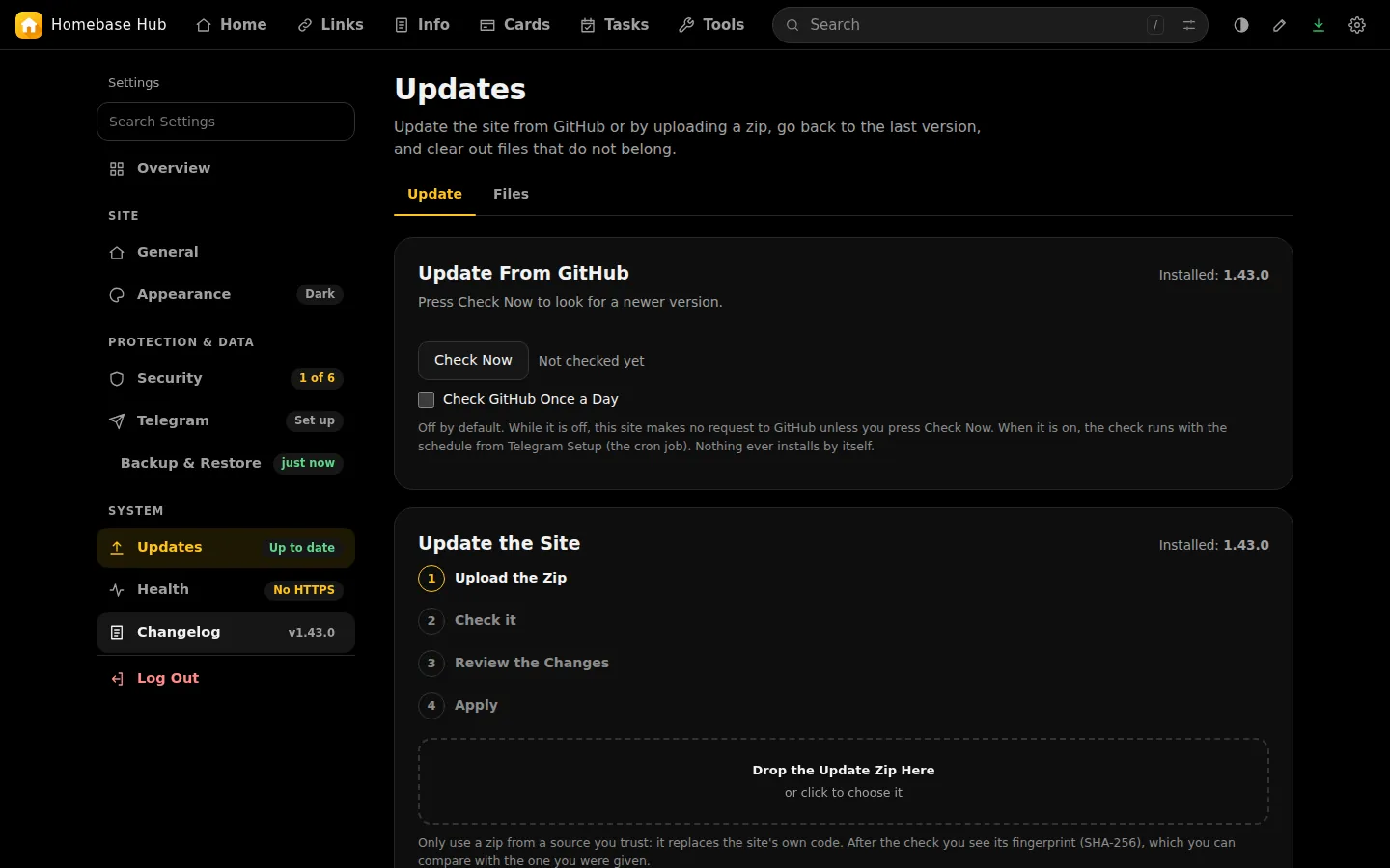 Settings, Updates, with Update From GitHub