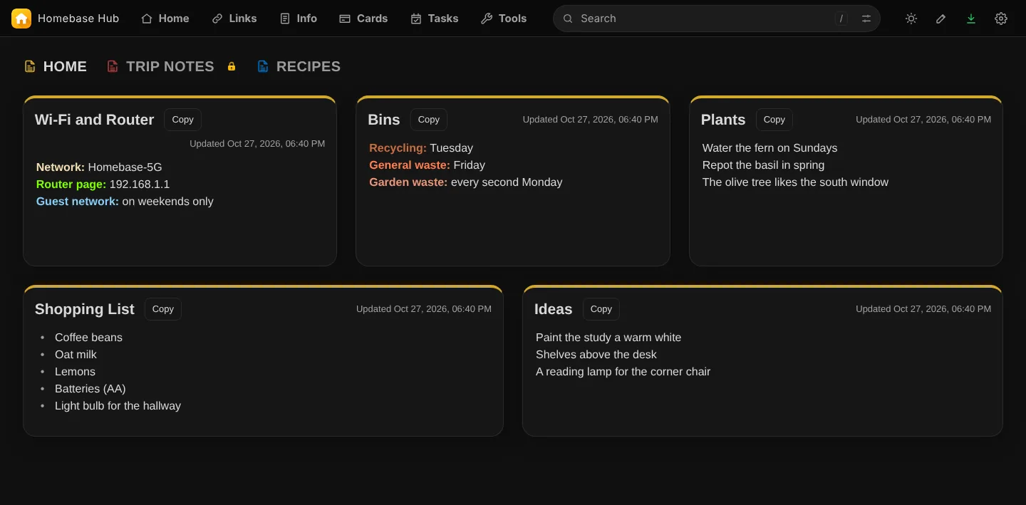 Info page with notes in boxes
