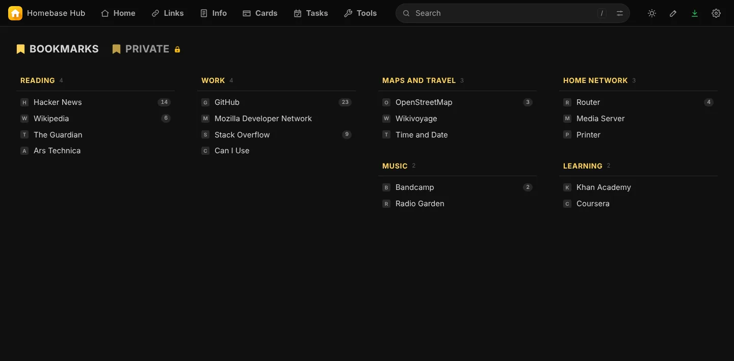 Links page with bookmarks in tabs and categories
