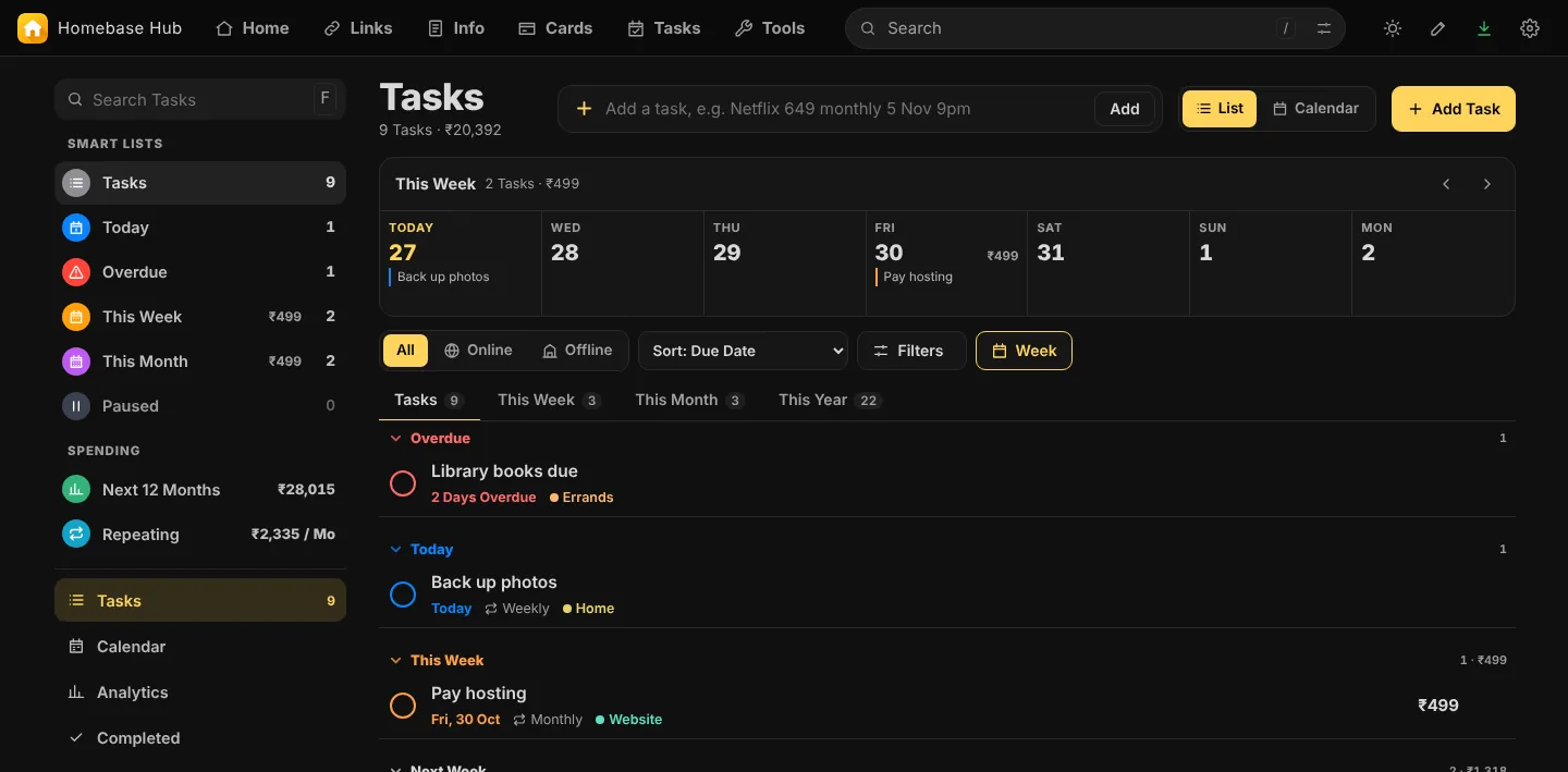 Tasks page with smart lists and a week strip