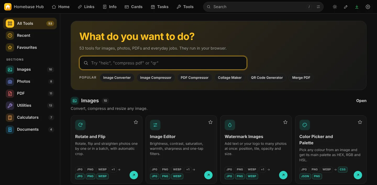 Tools page with search and recently used tools