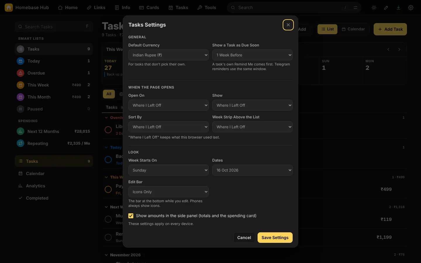 Tasks Settings: General, When the Page Opens, and Look.