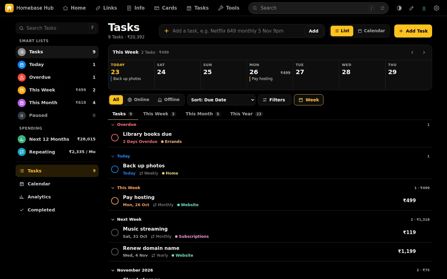 Tasks page grouped by when things are due