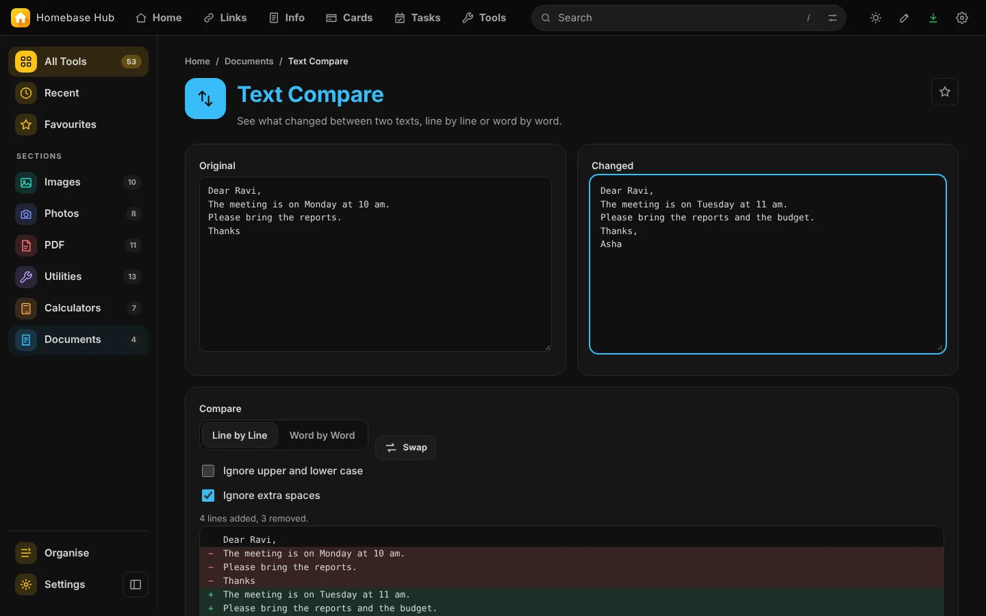 Text Compare: what changed, line by line.