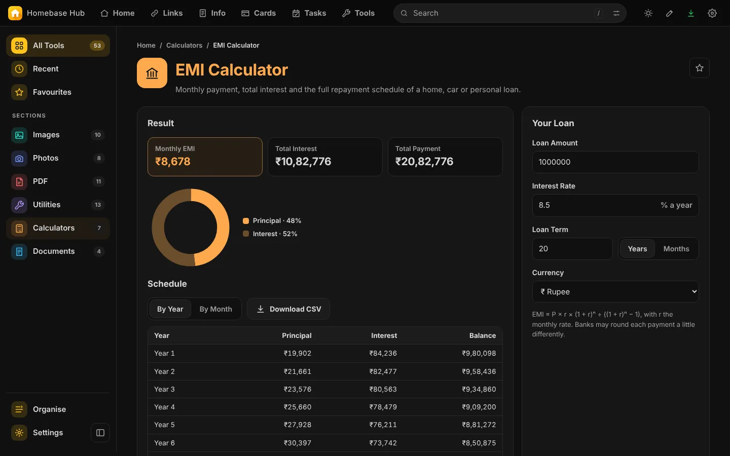 The EMI Calculator with its chart and repayment schedule.