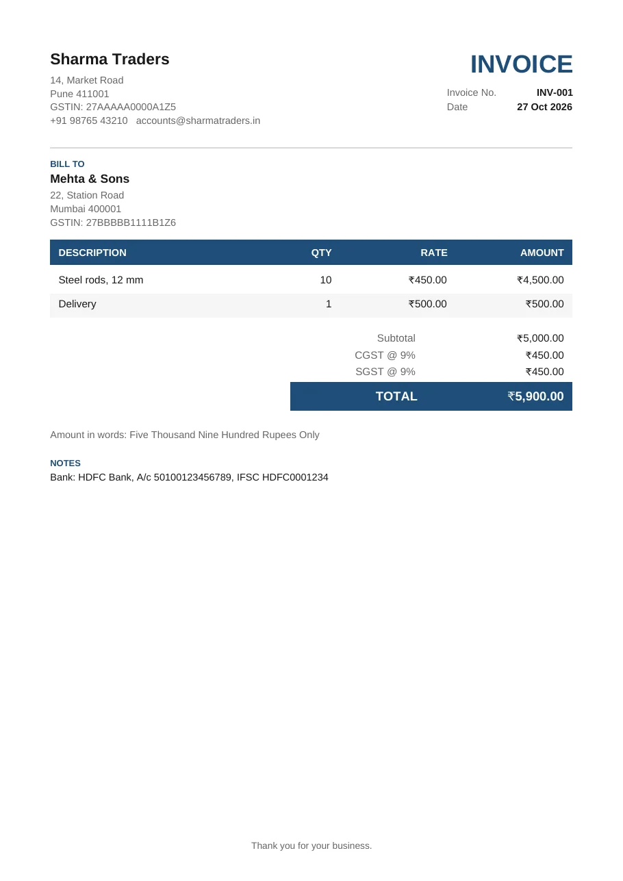 The invoice it makes: an A4 PDF with the total in words.