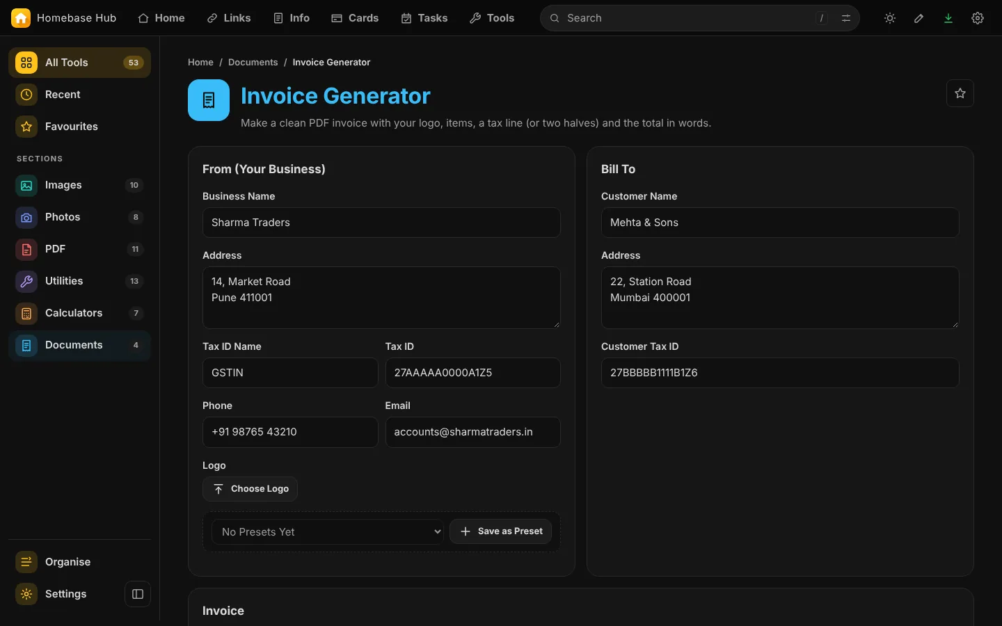 The Invoice Generator: your details, items and a tax line in two halves.