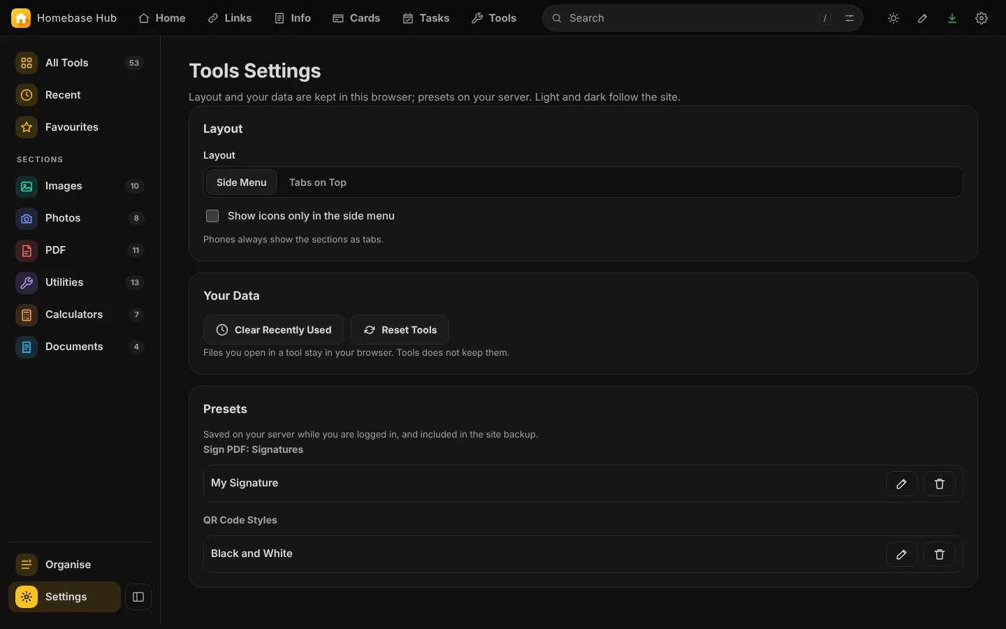 Tools Settings: the layout, your data and your presets.