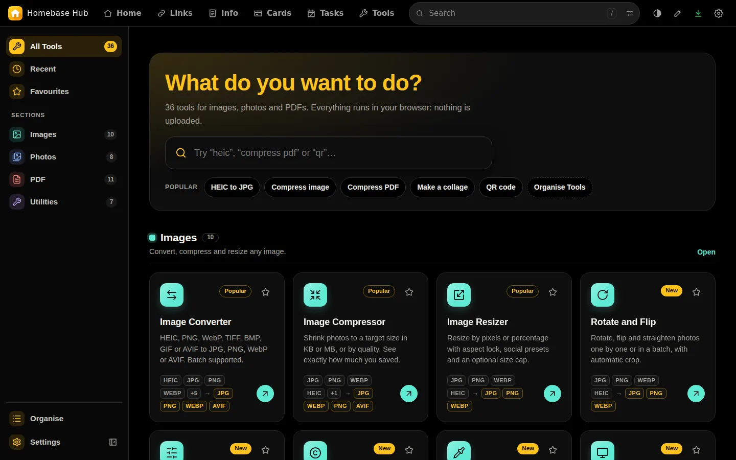Tools page with a grid of tools