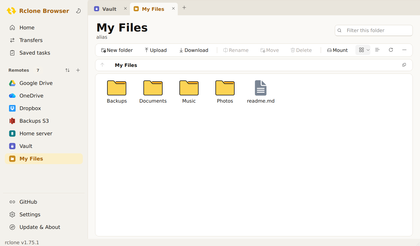 Rclone Browser, an rclone GUI for Windows, in light mode