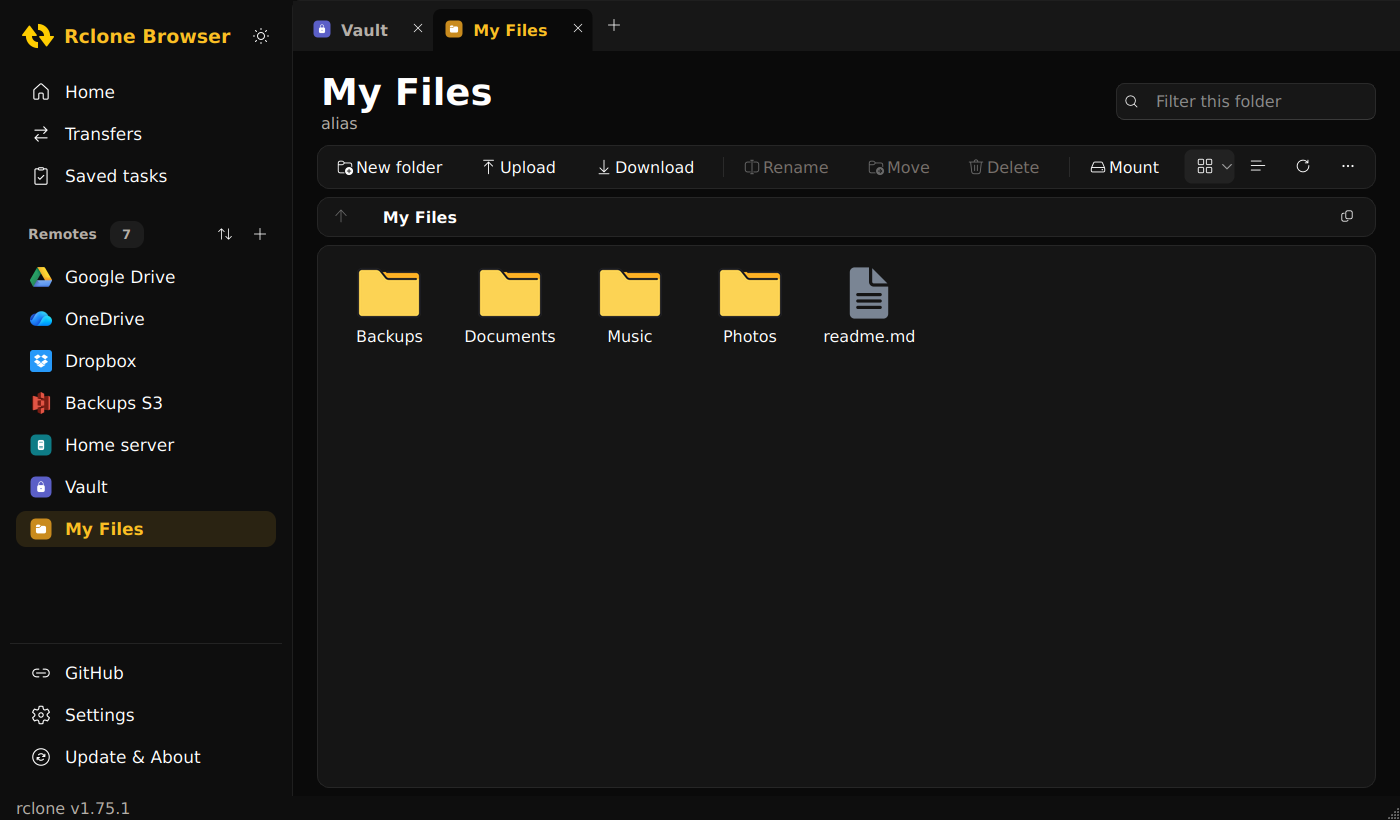 Rclone Browser, an rclone GUI for Windows, in dark mode