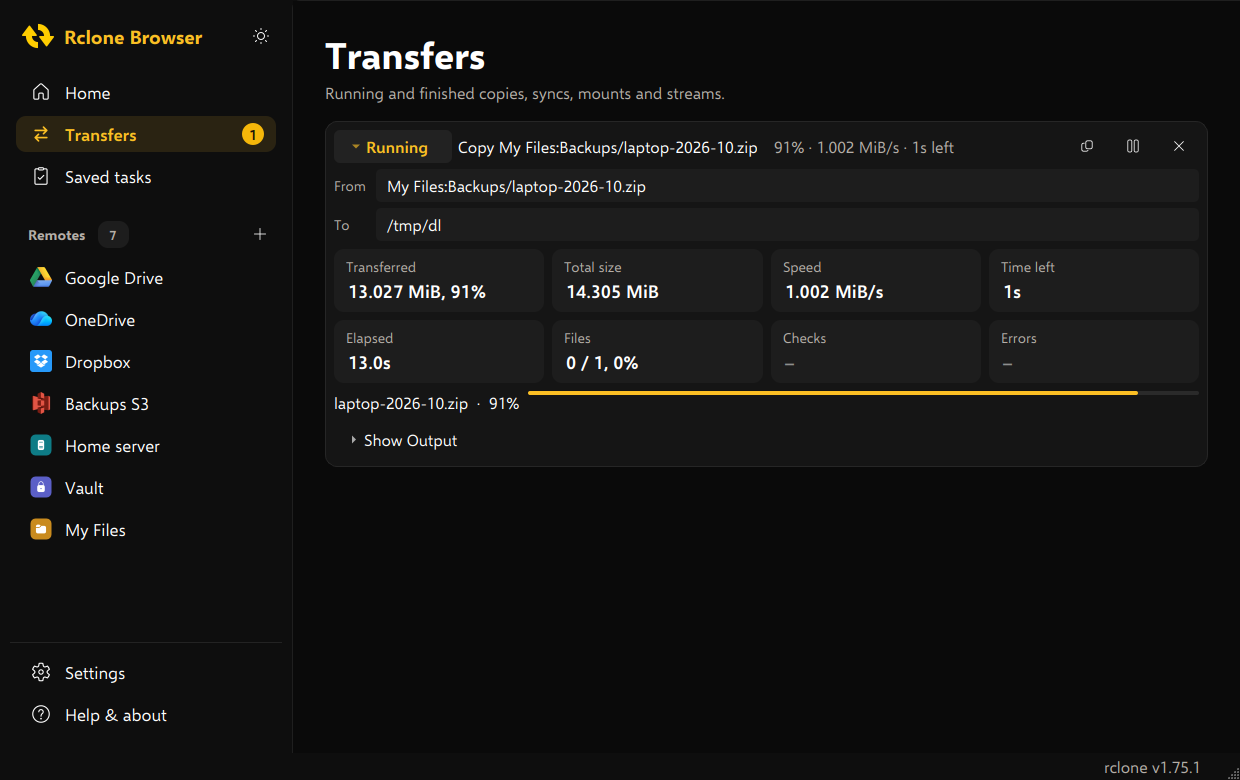 A running transfer with progress