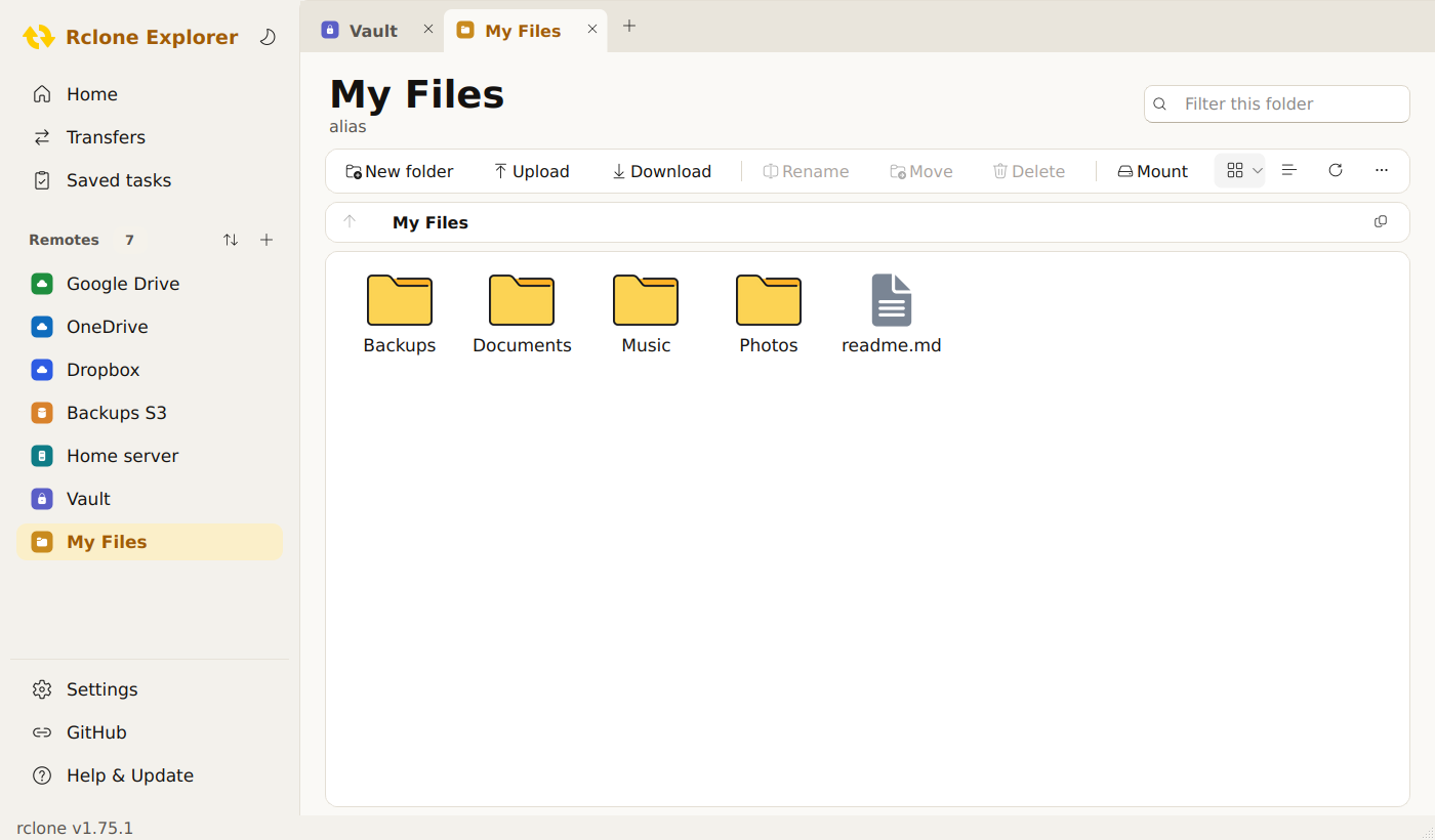 Rclone Explorer, an rclone GUI for Windows, in light mode