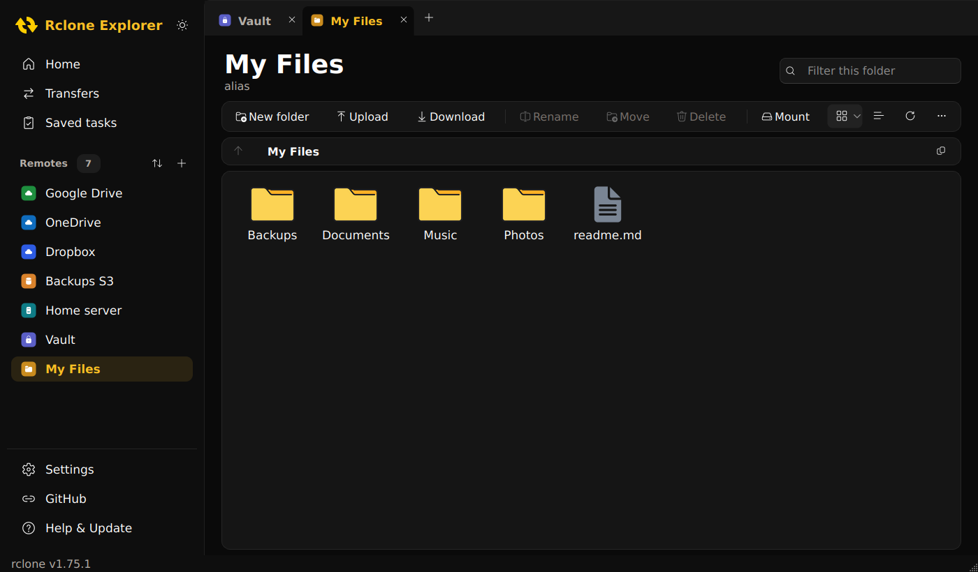 Icons view with tabs