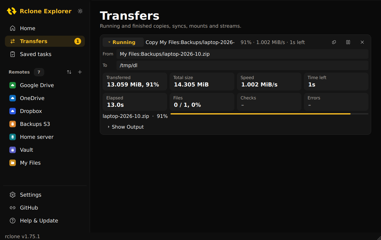 A running transfer with progress